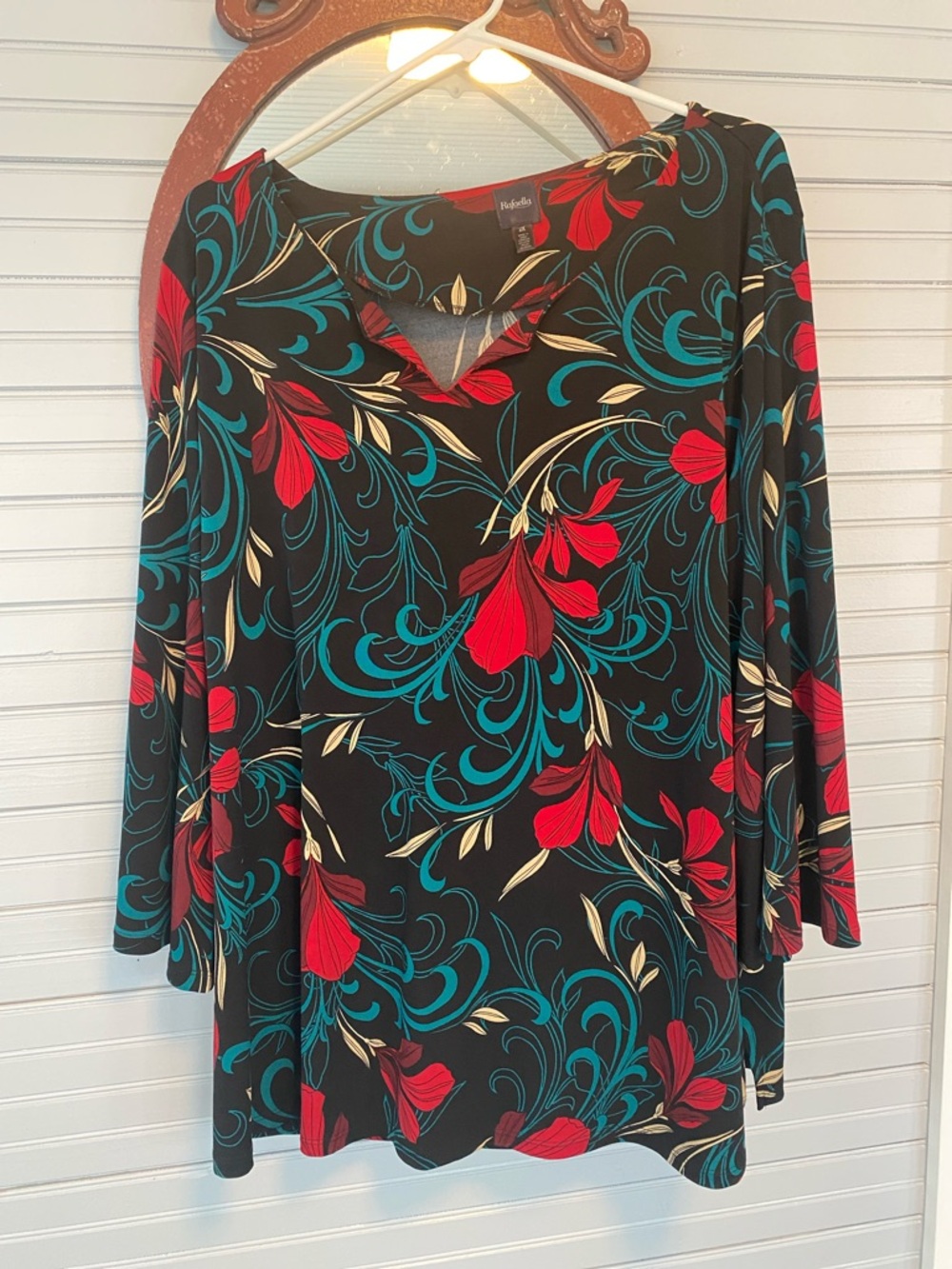 Black Floral V-Neck Tunic with Red & Teal Floral Print